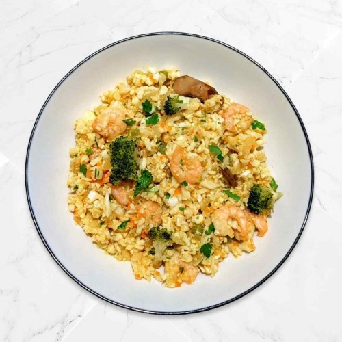 Colirroz 3 delicias con gambas, setas, brócoli y quinoa