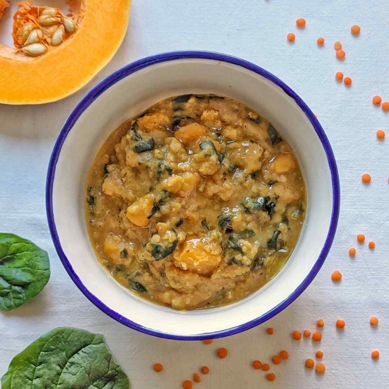 Guiso de Lenteja Roja, Espinacas y Calabaza | Vegano