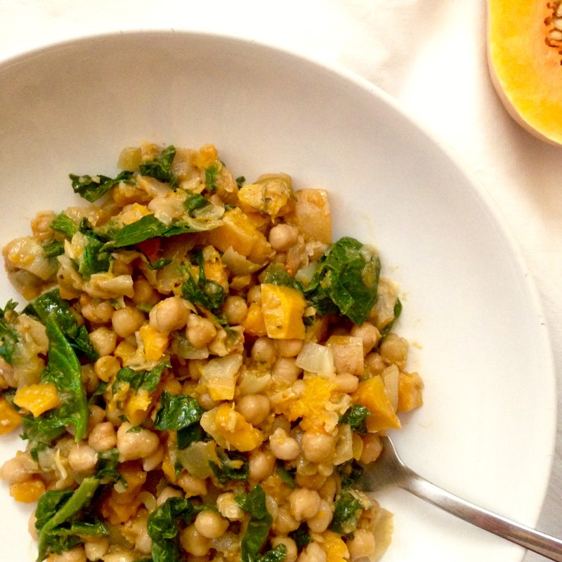 Garbanzos con espinacas y calabaza asada