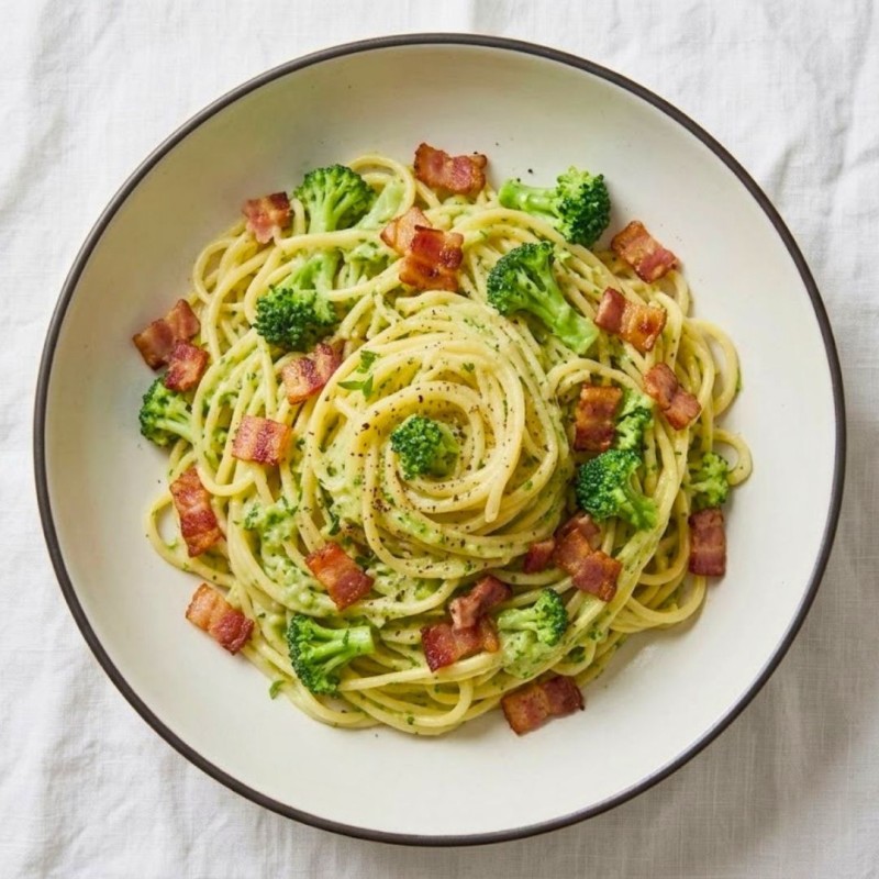 Espaguetis con salsa de brócoli y bacon